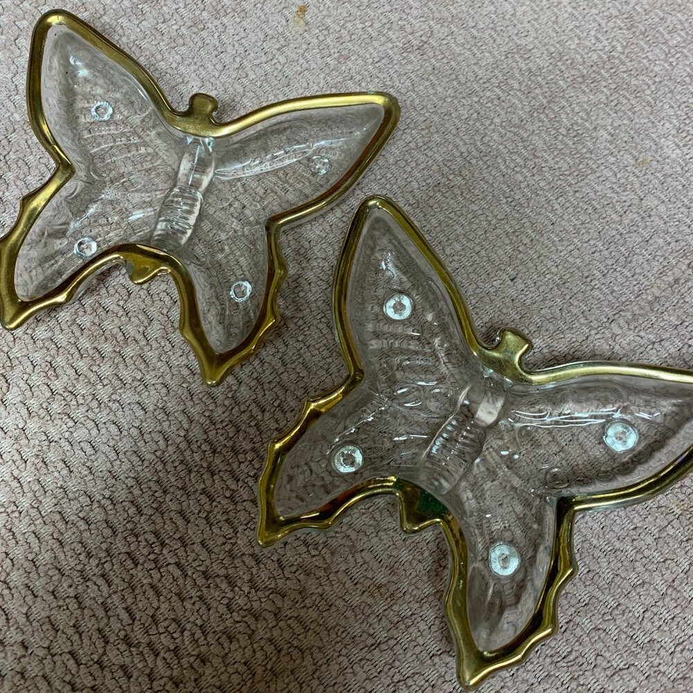 Vintage Set of 2 Clear Glass Gold Trimmed Butterfly Trinket/Jewelry/Candy Dishes